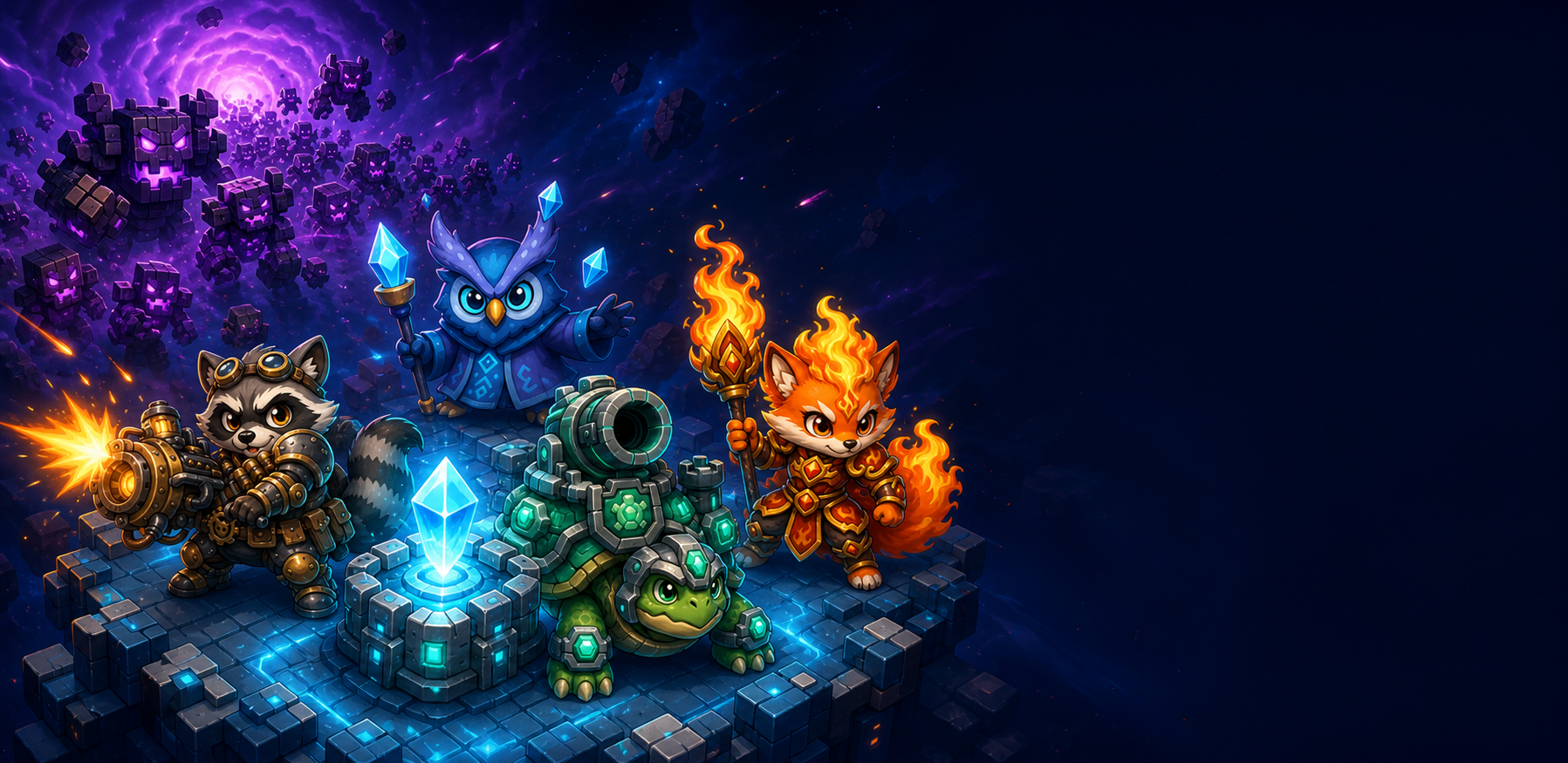 Clean Starvoxel: Defender key art without a logo