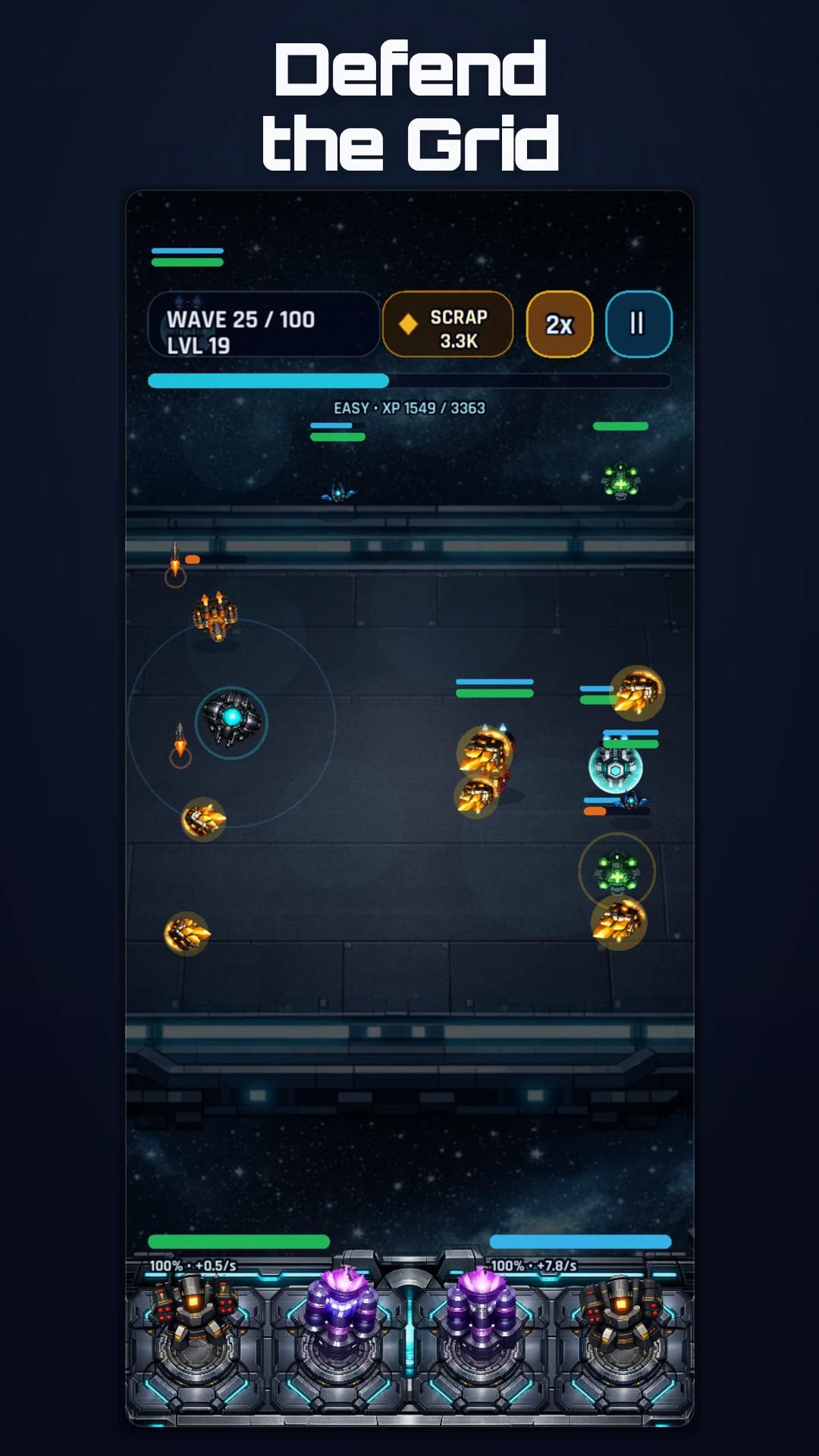 Starvoxel gameplay - wave defense with turrets firing