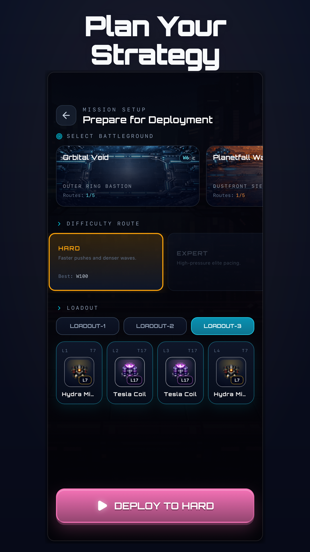 Mission setup - battleground, difficulty, loadout selection