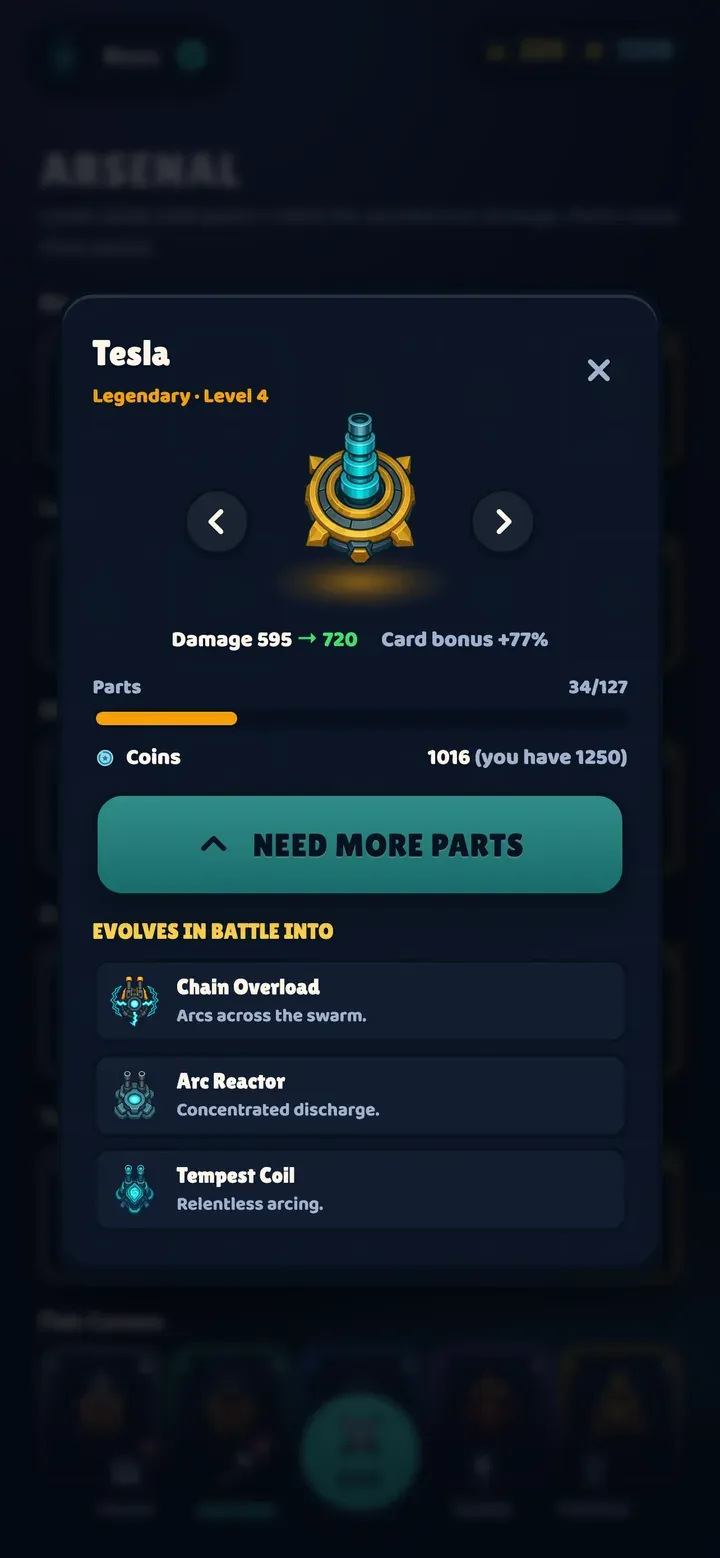 Arsenal card for a Legendary Tesla turret showing its stats and three battle evolutions: Chain Overload, Arc Reactor and Tempest Coil