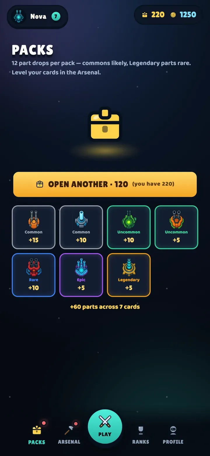 Pack-opening screen revealing turret cards across rarities from Common to Legendary